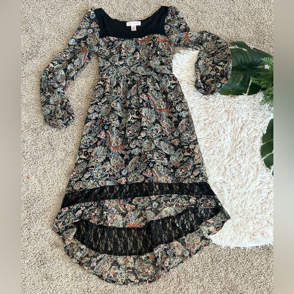 Band Of Gypsies Colorful Paisley Floral Prairie Peasant Boho Lace Trim Dress XS
